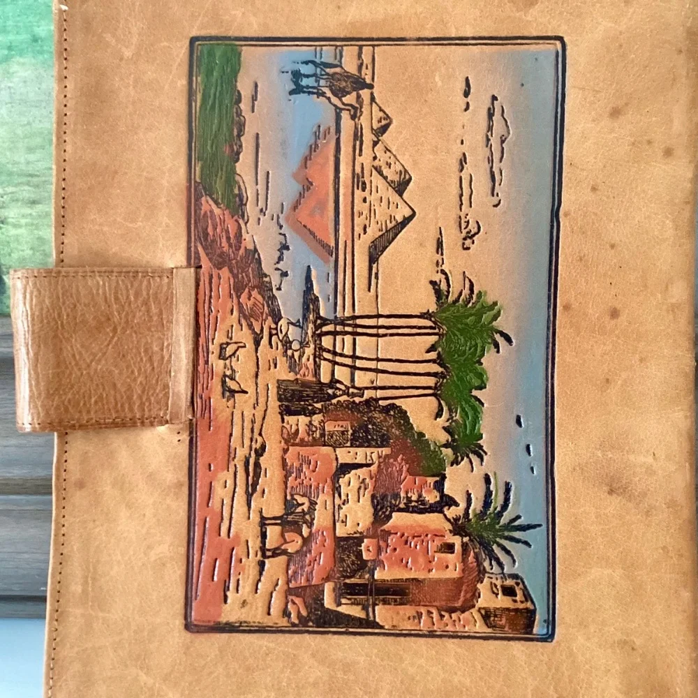 Vtg Egyptian Tooled Painted Leather Notebook Agenda Journal Cover Handcrafted